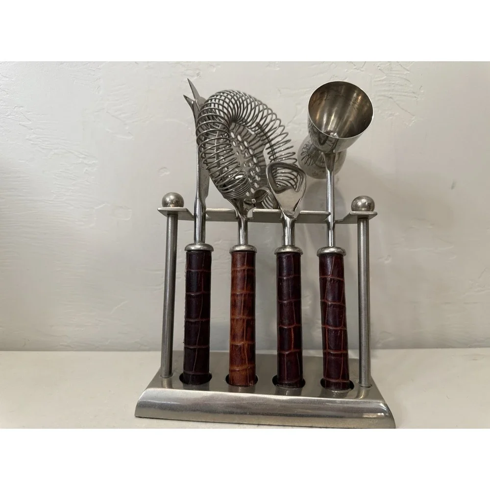 Vintage Pottery Barn Cocktail Barware Tool Set Brown Alligator Croc Handles MCM